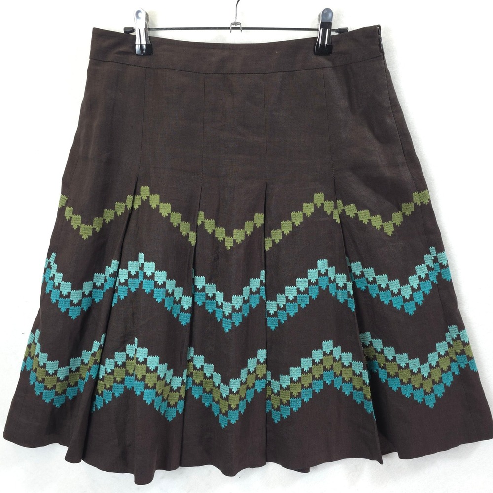 Ann Taylor LOFT 100% Linen Skirt Embroidered Pleated Brown Women 4 Boho Chic